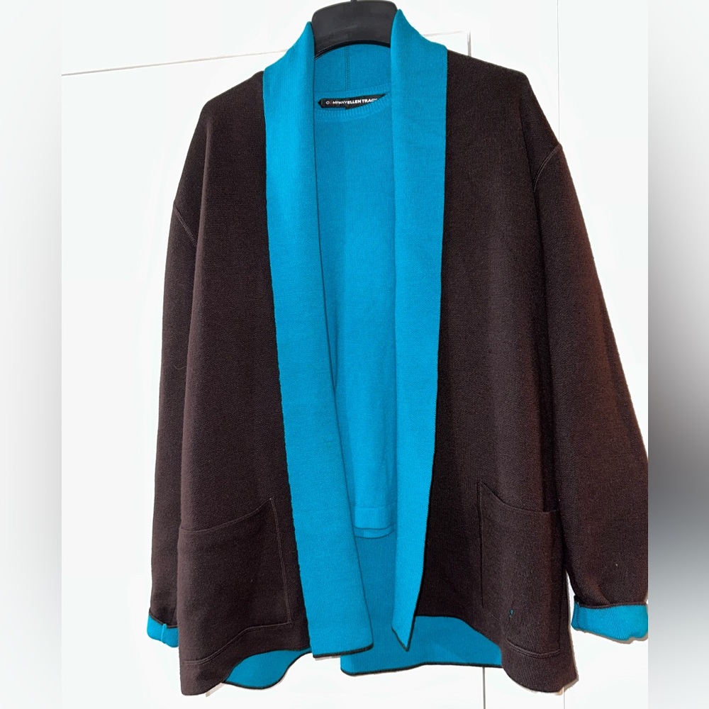 ELLEN TRACY, WOOL, BLACK/TEAL WOMEN’S SHORT-SLEEVE SHIRT/SWEATER SET     Size: L